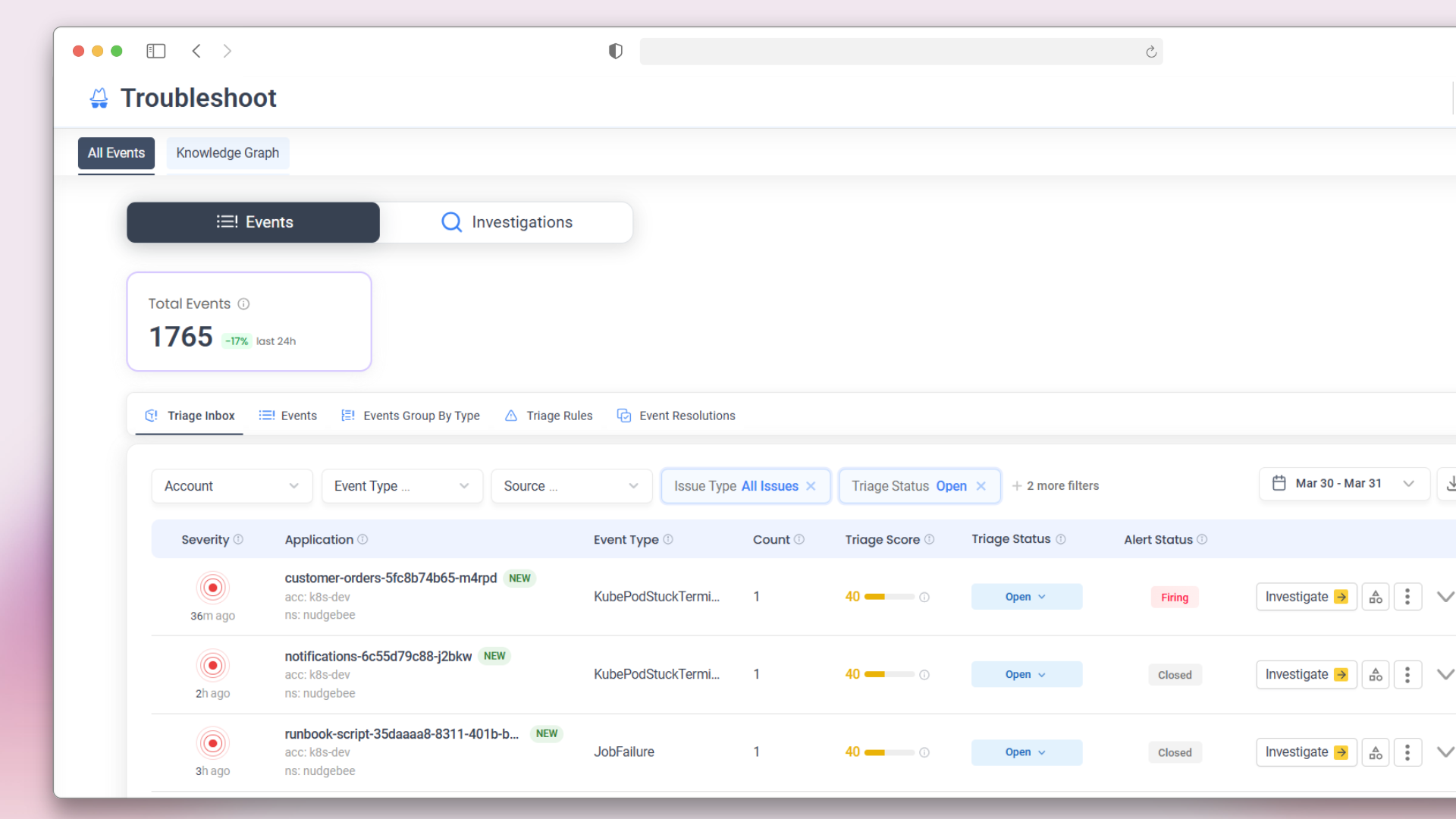 Nudgebee SRE AI-Assistant showing automated incident triage and root cause analysis